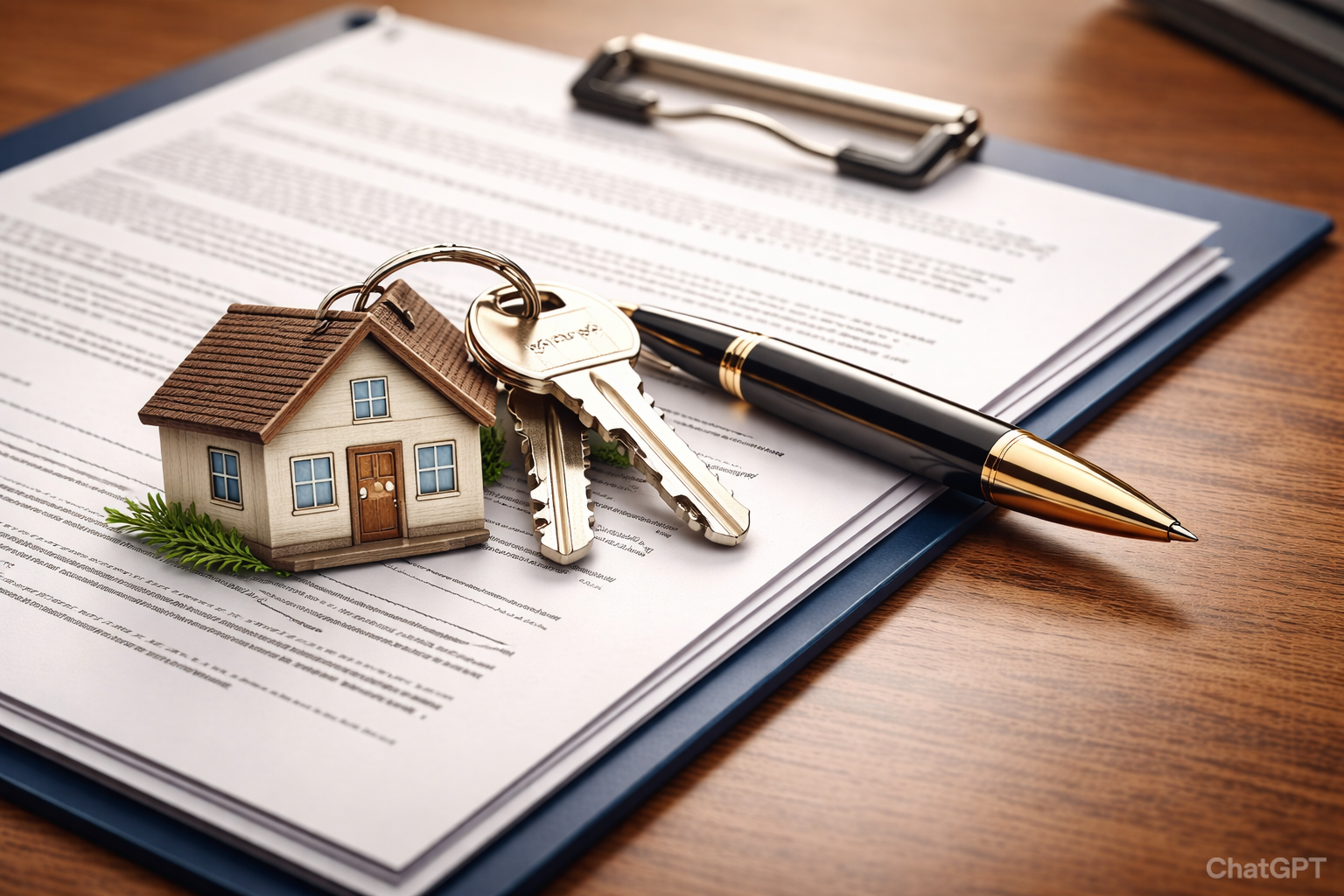 llaves con casa documentos y pluma